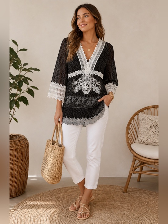Passion Concept Tops - Passion Concept Whimsigoth Lace Tunic Blouse Black White Fairycore Size L EUC